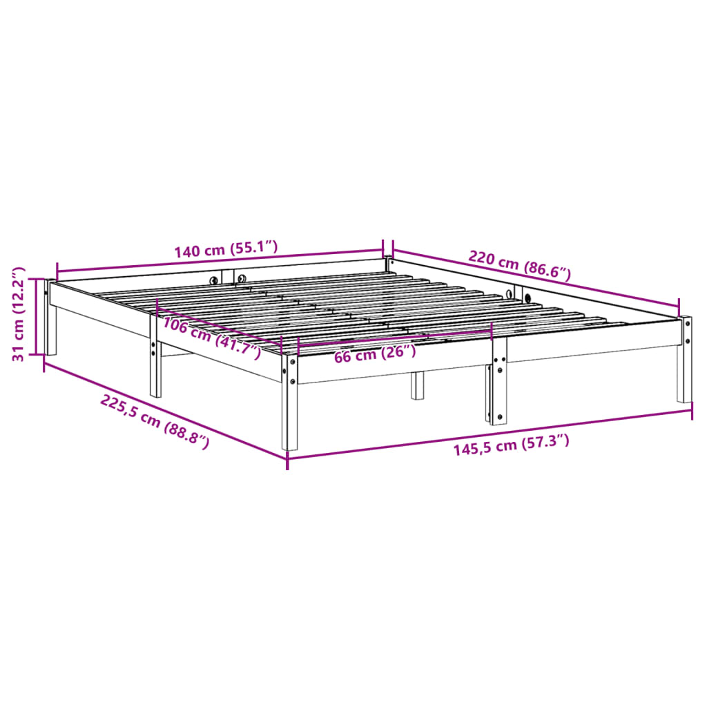 Extra Long Bed Frame without Mattress 140x220cm Solid Wood Pine
