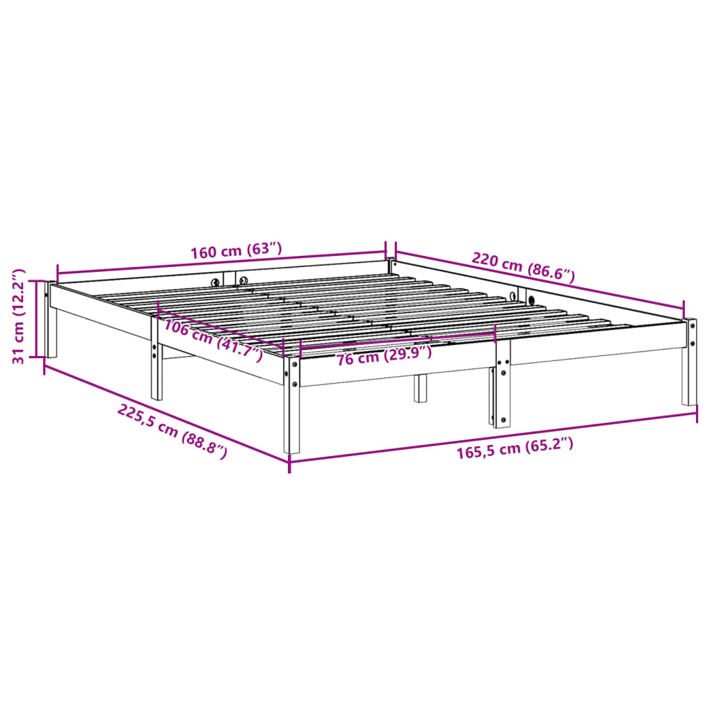 Extra Long Bed Frame without Mattress 160x220cm Solid Wood Pine