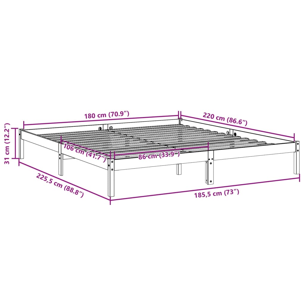 Extra Long Bed Frame without Mattress 180x220cm Solid Wood Pine