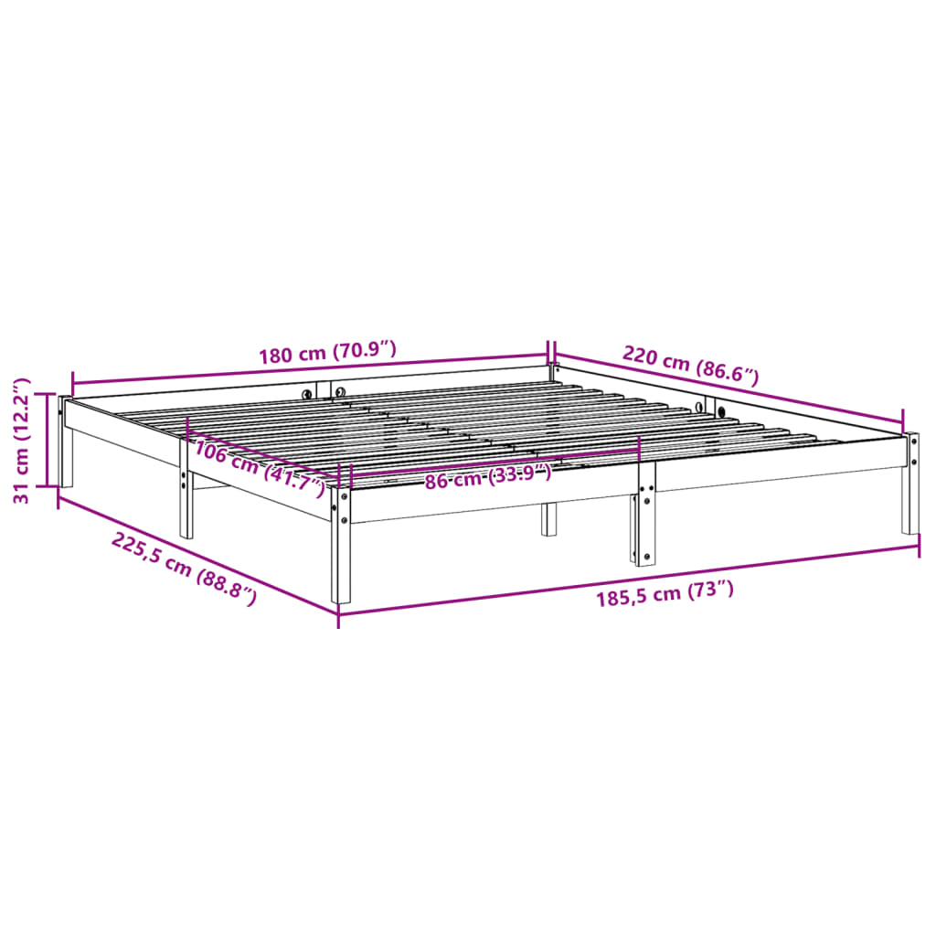Extra Long Bed Frame without Mattress White 180x220 cm Solid Wood Pine