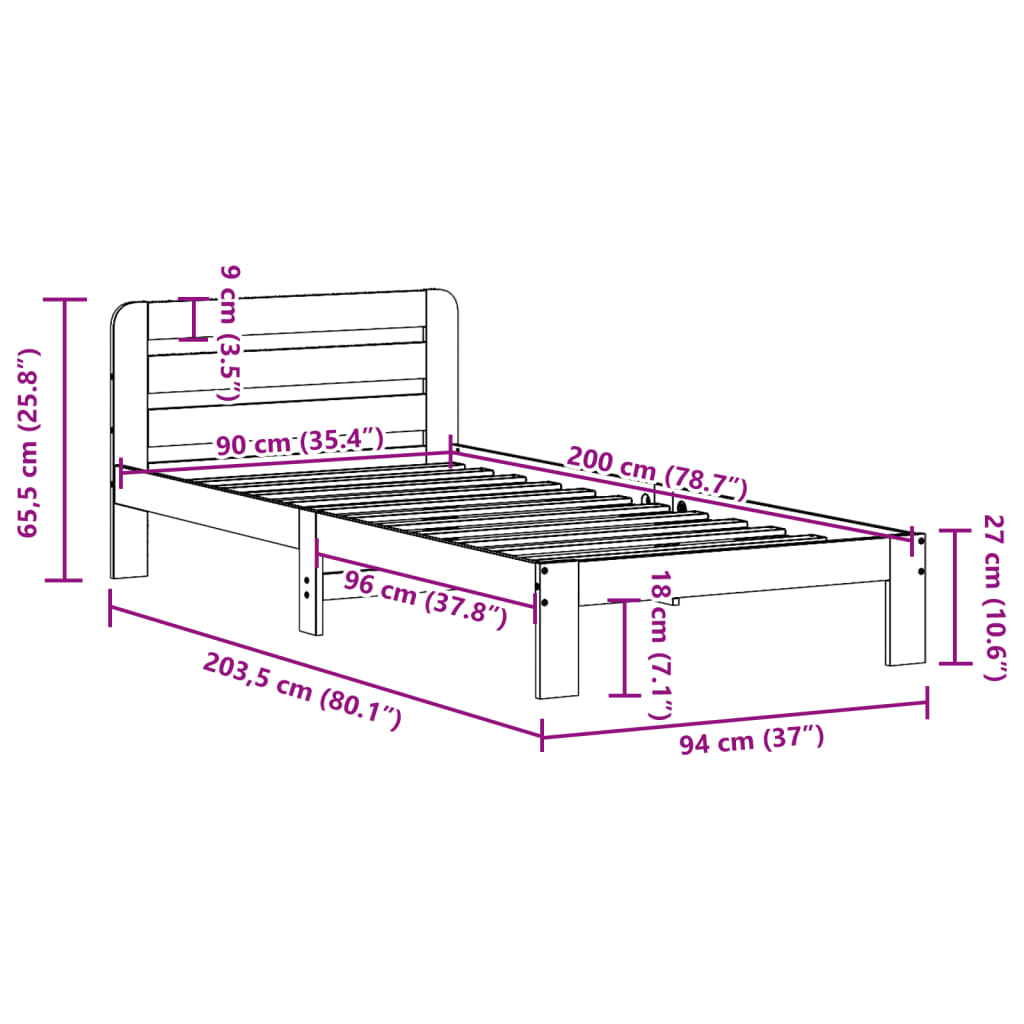 Bed Frame without Mattress 90x200 cm Solid Wood Pine