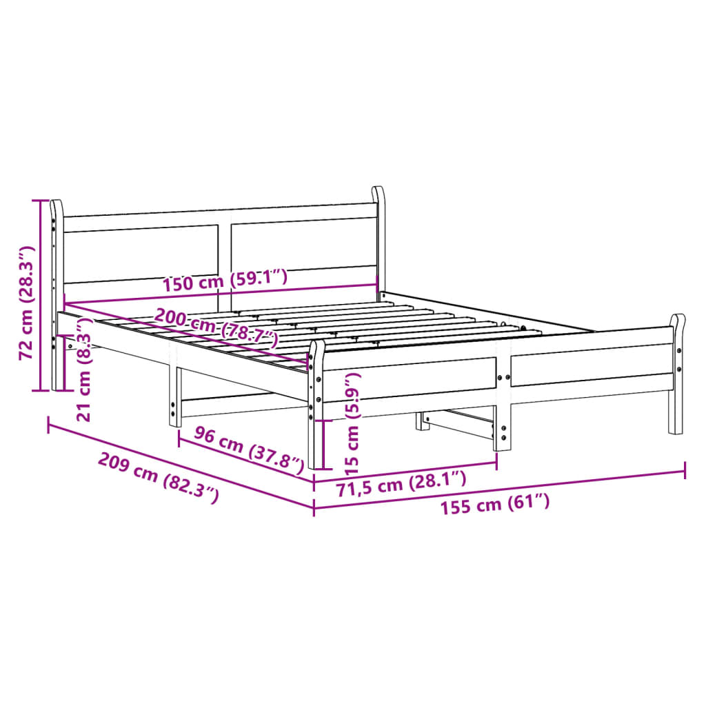 Bed Frame without Mattress 150x200 cm King Size Solid Wood Pine