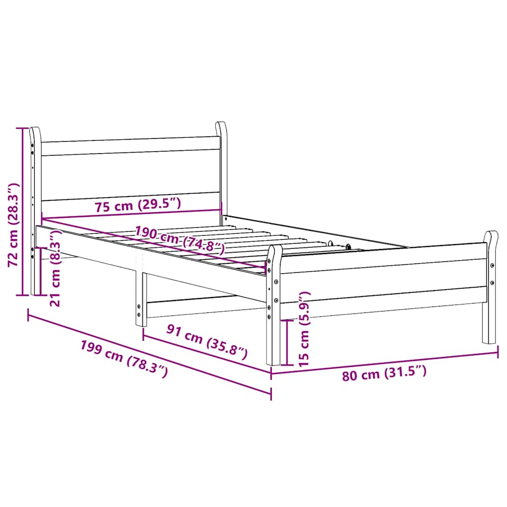 Bed Frame without Mattress Wax Brown 75x190 cm Solid Wood Pine