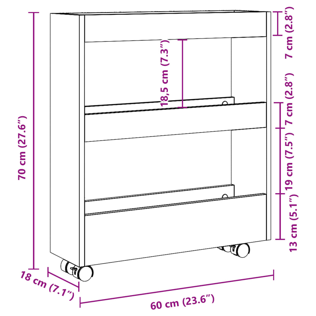 Narrow Storage Trolley 3 Tier Brown Oak Engineered Wood