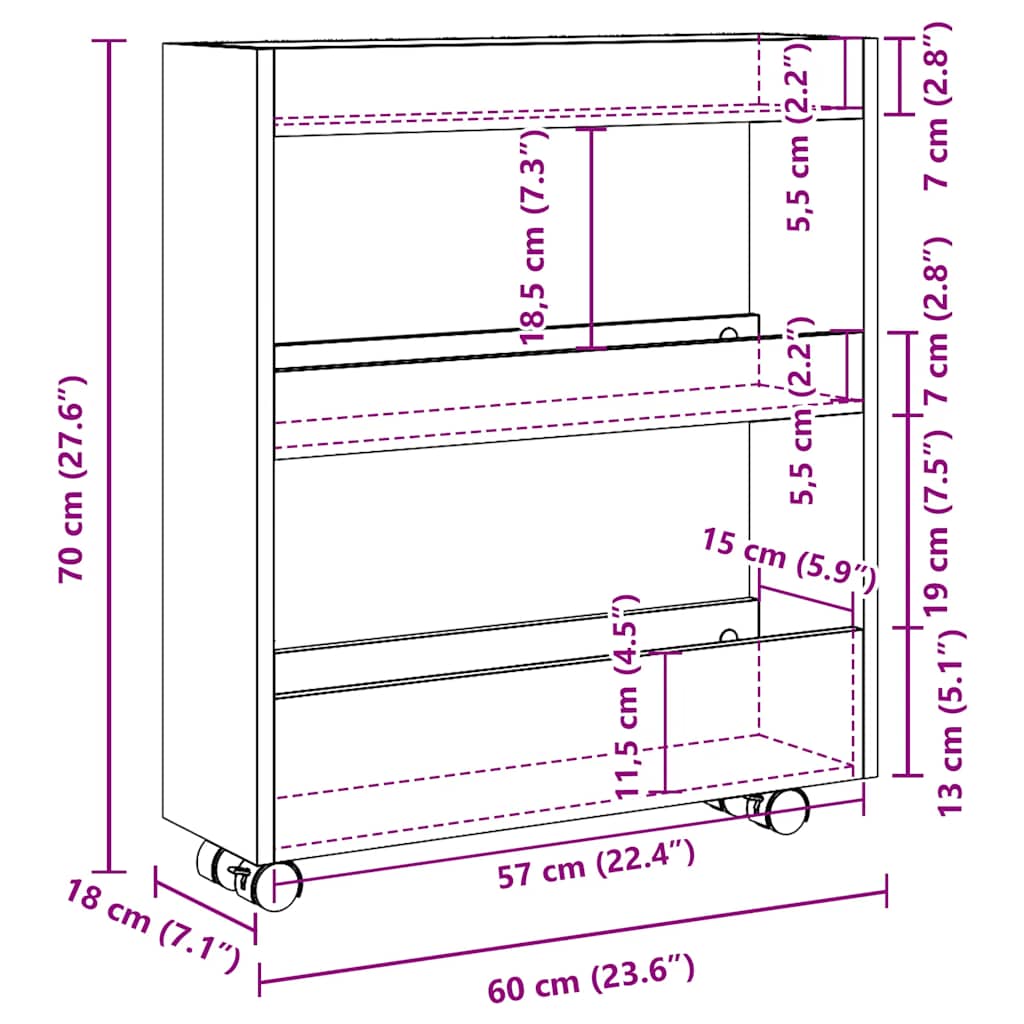 Narrow Storage Trolley 3 Tier Artisian Oak Engineered Wood