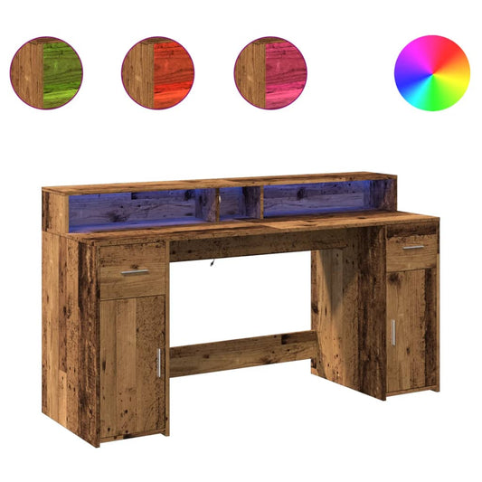Desk with LED Lights Old Wood 160x55x91 cm Engineered Wood Desk with LED Lights Old Wood 160x55x91 cm Engineered Wood