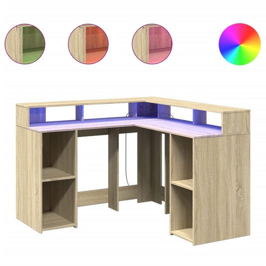 Desk with LED Lights Sonoma Oak 130x130x91 cm Engineered Wood Desk with LED Lights Sonoma Oak 130x130x91 cm Engineered Wood