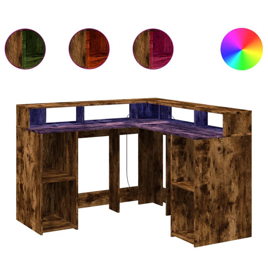 Desk with LED Lights Smoked Oak 130x130x91 cm Engineered Wood Desk with LED Lights Smoked Oak 130x130x91 cm Engineered Wood