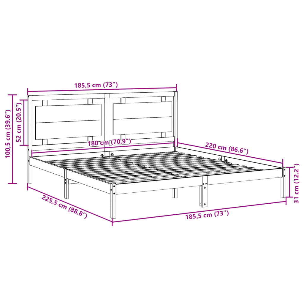 Extra Long Bed Frame without Mattress 180x220 cm Solid Wood