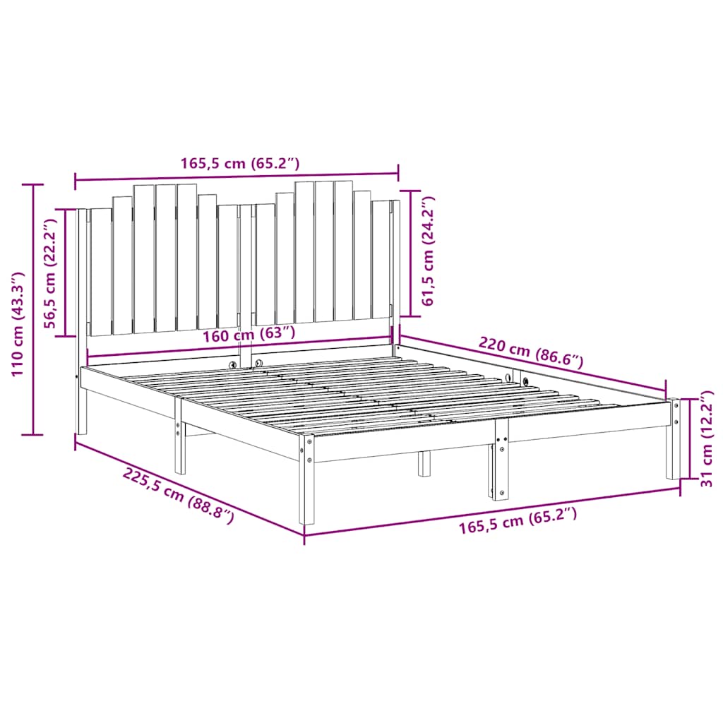 Extra Long Bed Frame without Mattress 160x220 cm Solid Wood