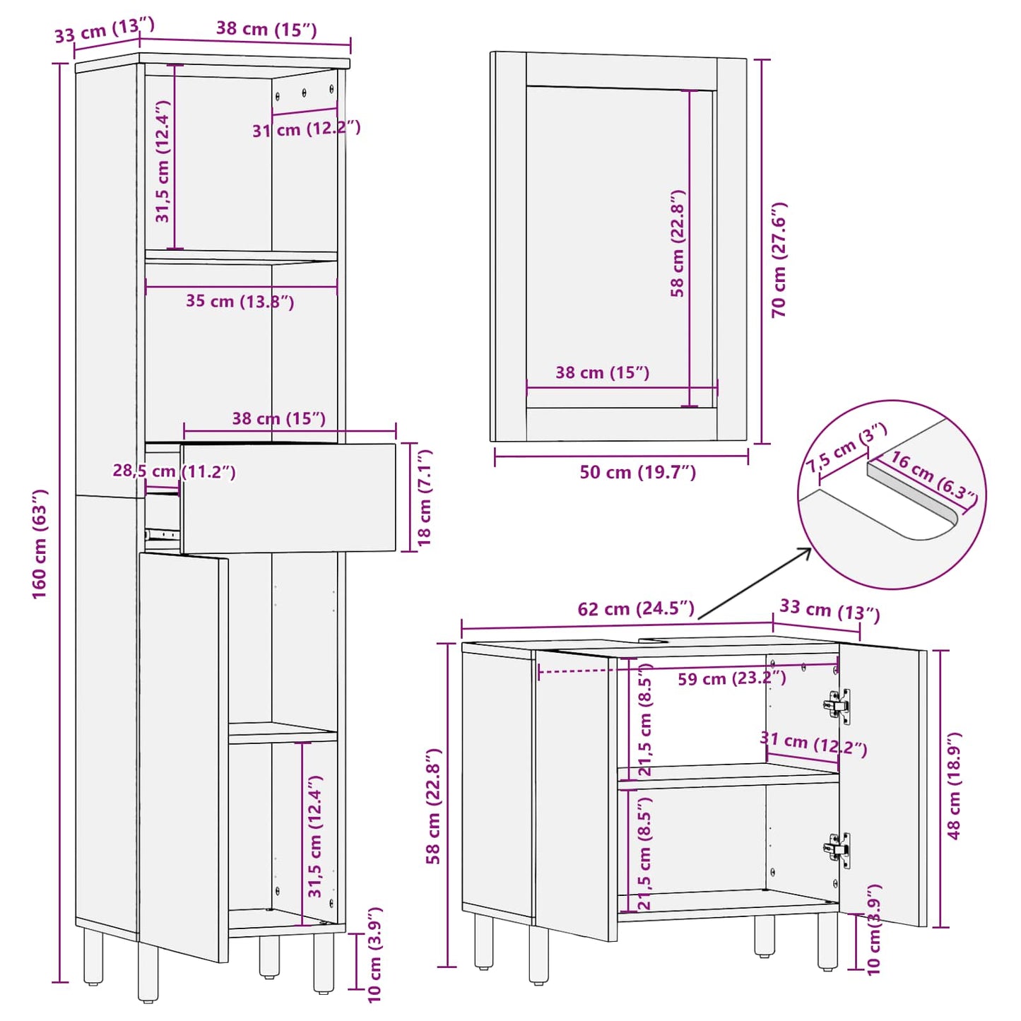 Bathroom Sets 3 pcs White Wash Finish Solid Mango Wood