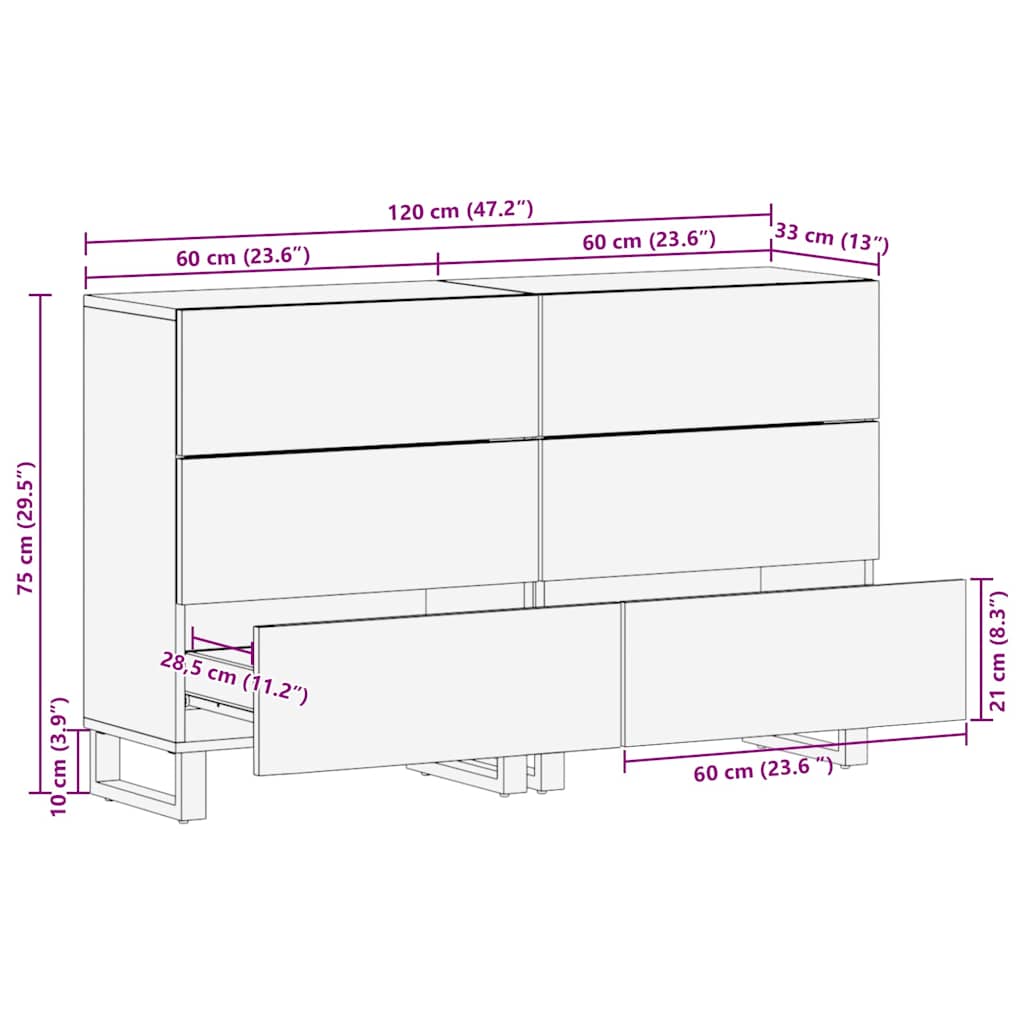 Sideboard Set 2 pcs Natural 120 x 33.5 x 75 cm Solid Mango Wood