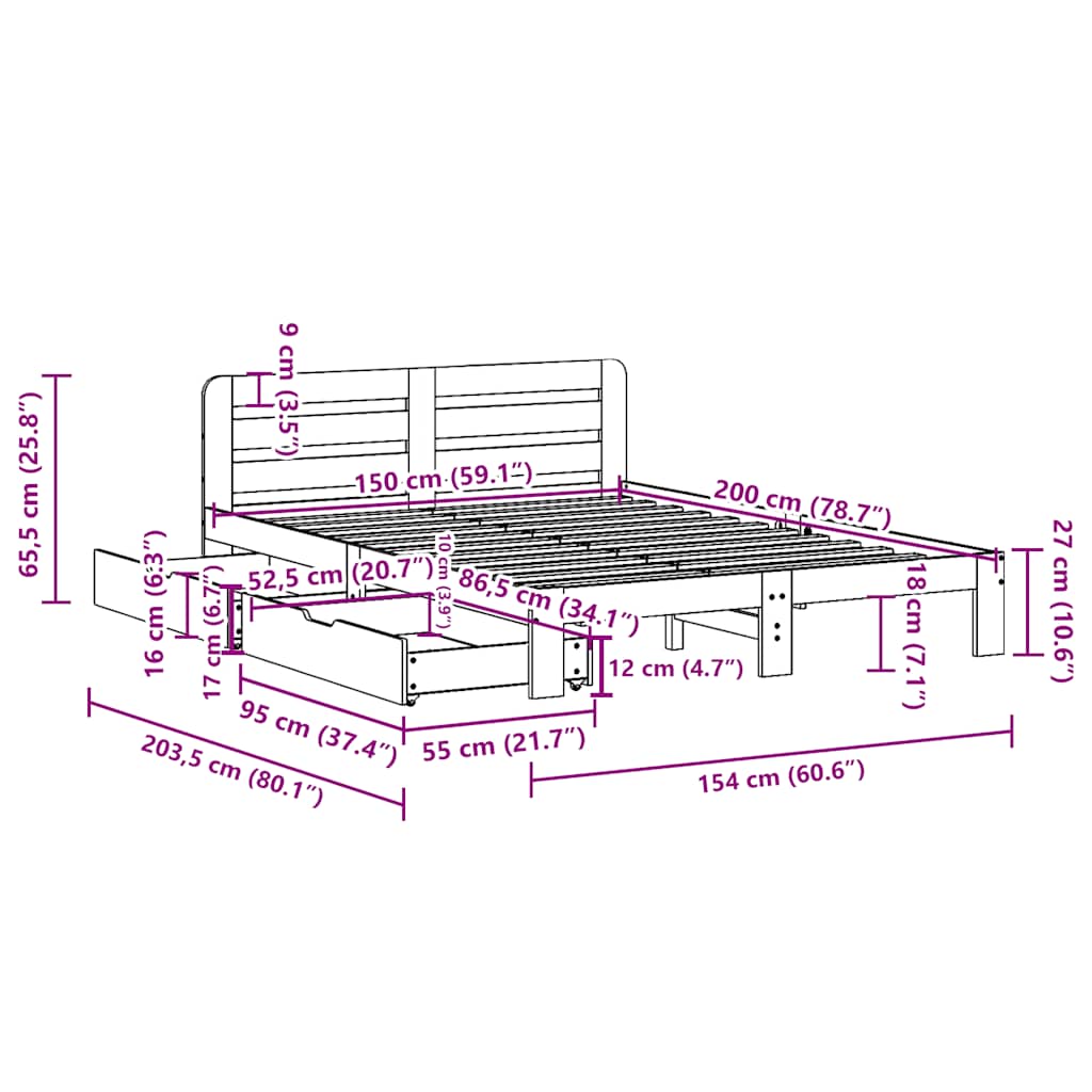 Bed Frame without Mattress Wax Brown 150x200 cm King Size Solid Wood Pine