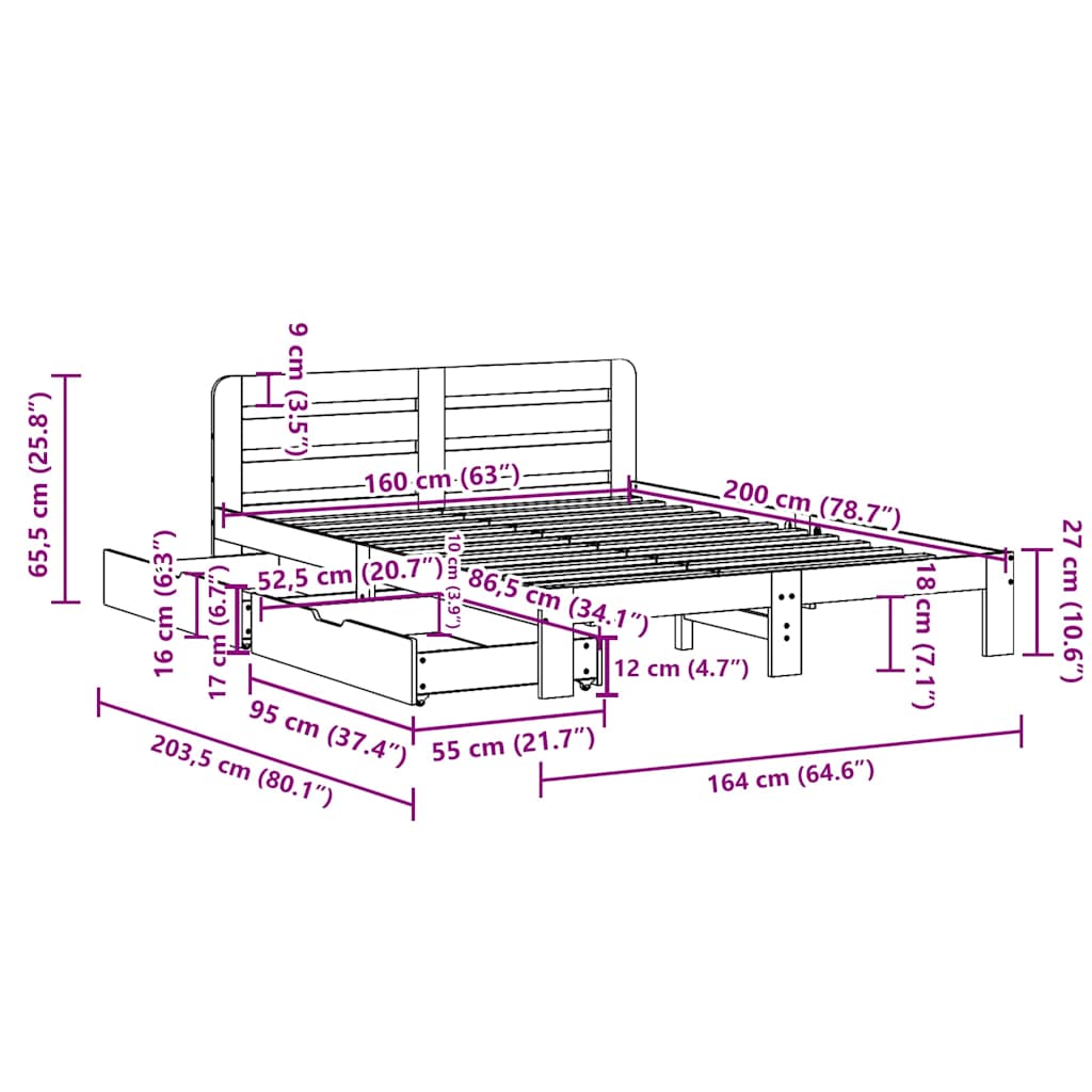 Bed Frame without Mattress Wax Brown 160x200 cm Solid Wood Pine