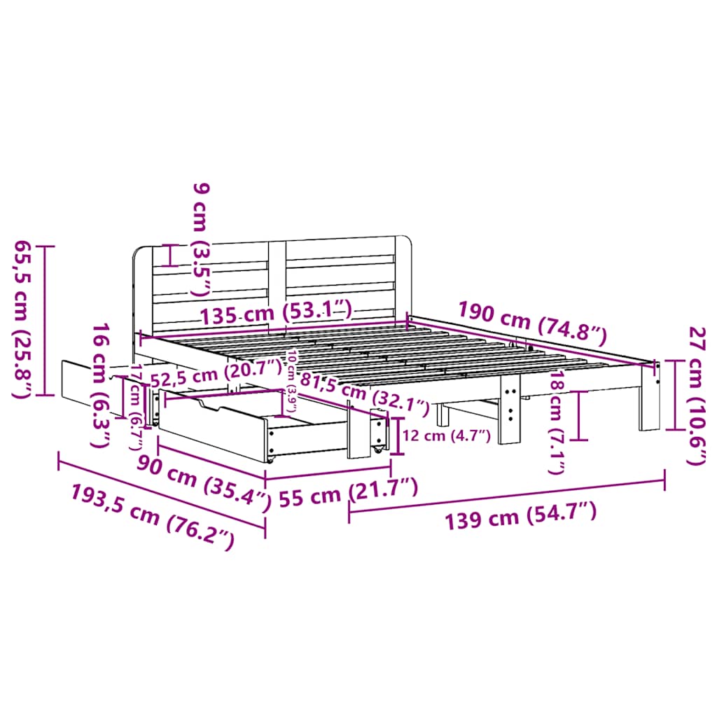 Bed Frame without Mattress Wax Brown 135x190 cm Double Solid Wood Pine