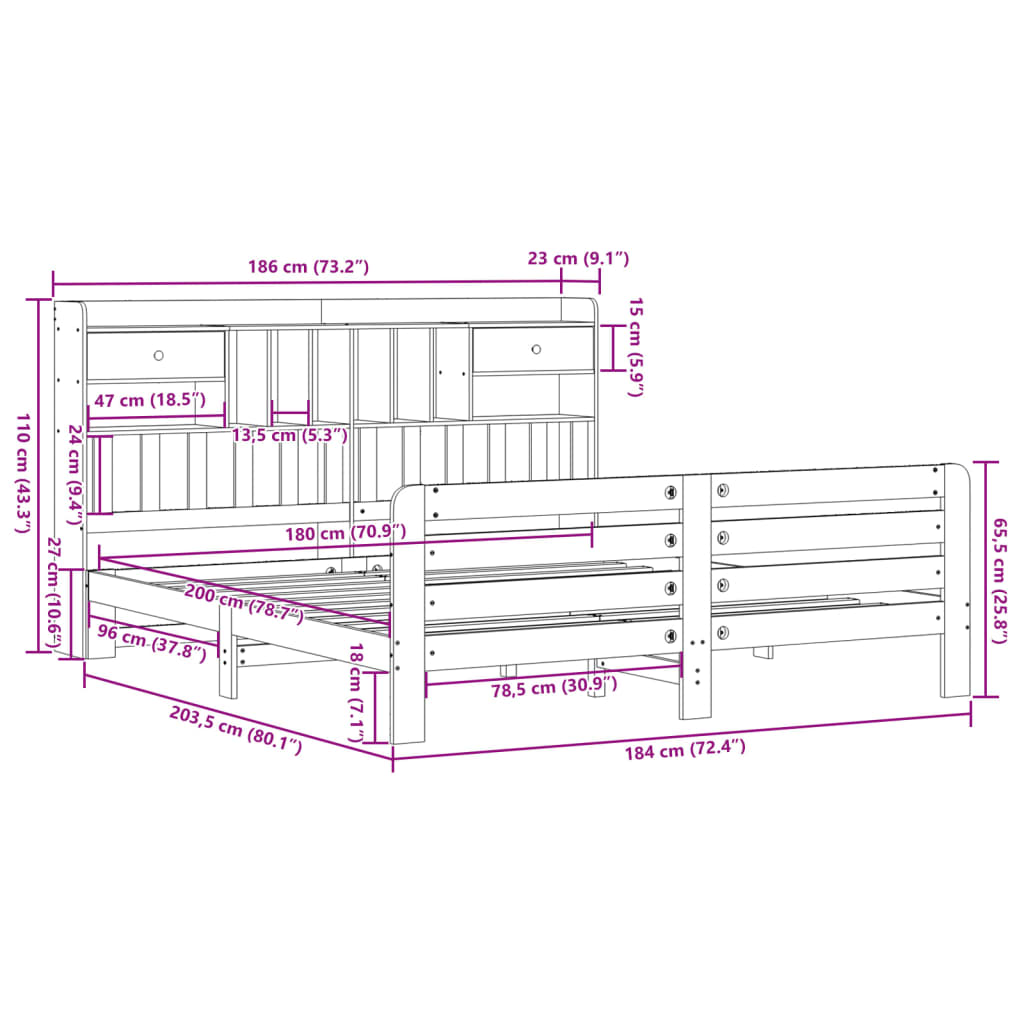 Bookcase Bed without Mattress White 180x200 cm Super King Solid Wood Pine