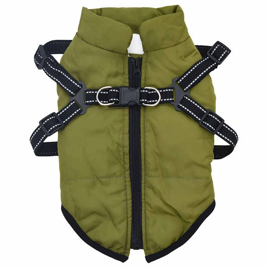 Dog Coat with Harness Waterproof Reflective Army Green L Dog Coat with Harness Waterproof Reflective Army Green L