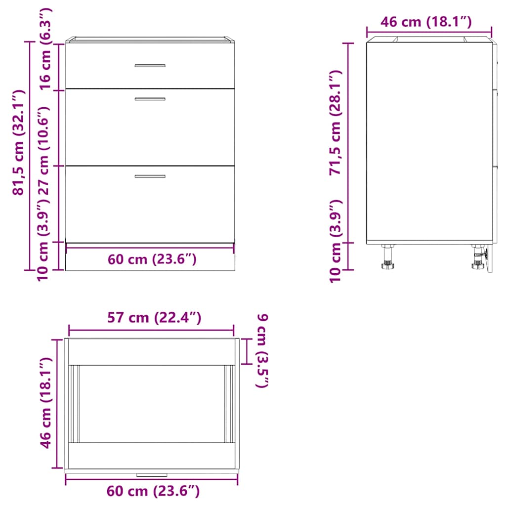 Kitchen Base Cabinet "Lyon" Smoked Oak Engineered Wood