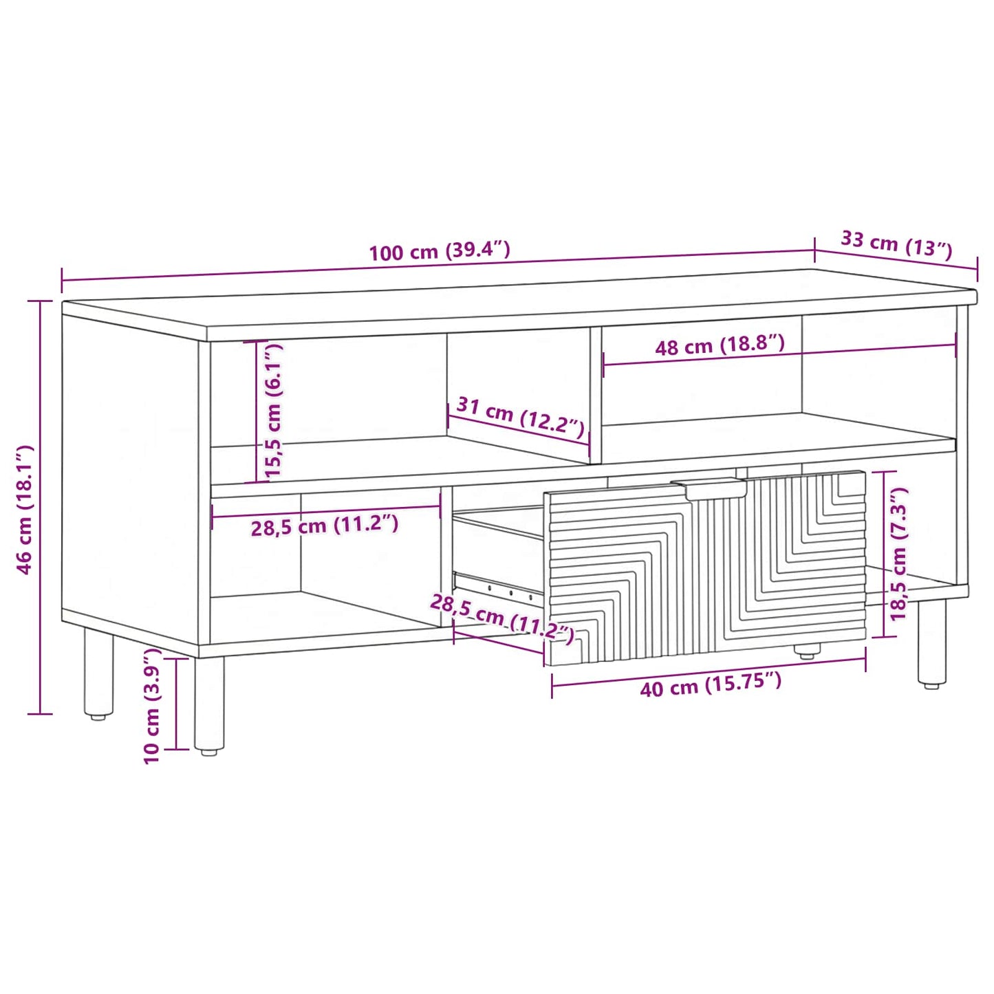TV Cabinet with Drawer Brown 100 x 33 x 46 cm Solid Mango Wood