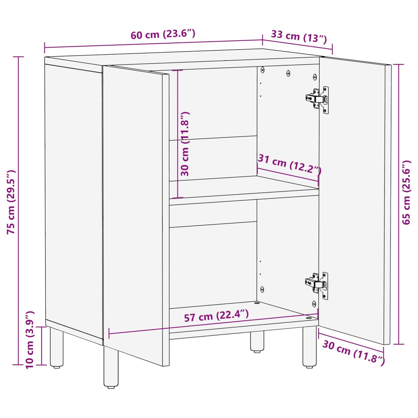 Sideboard White Wash Finish 60 x 33 x 75 cm Solid Mango Wood