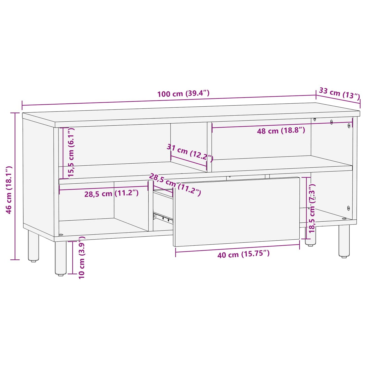 TV Cabinet White Wash Finish 100 x 33 x 46 cm Solid Mango Wood