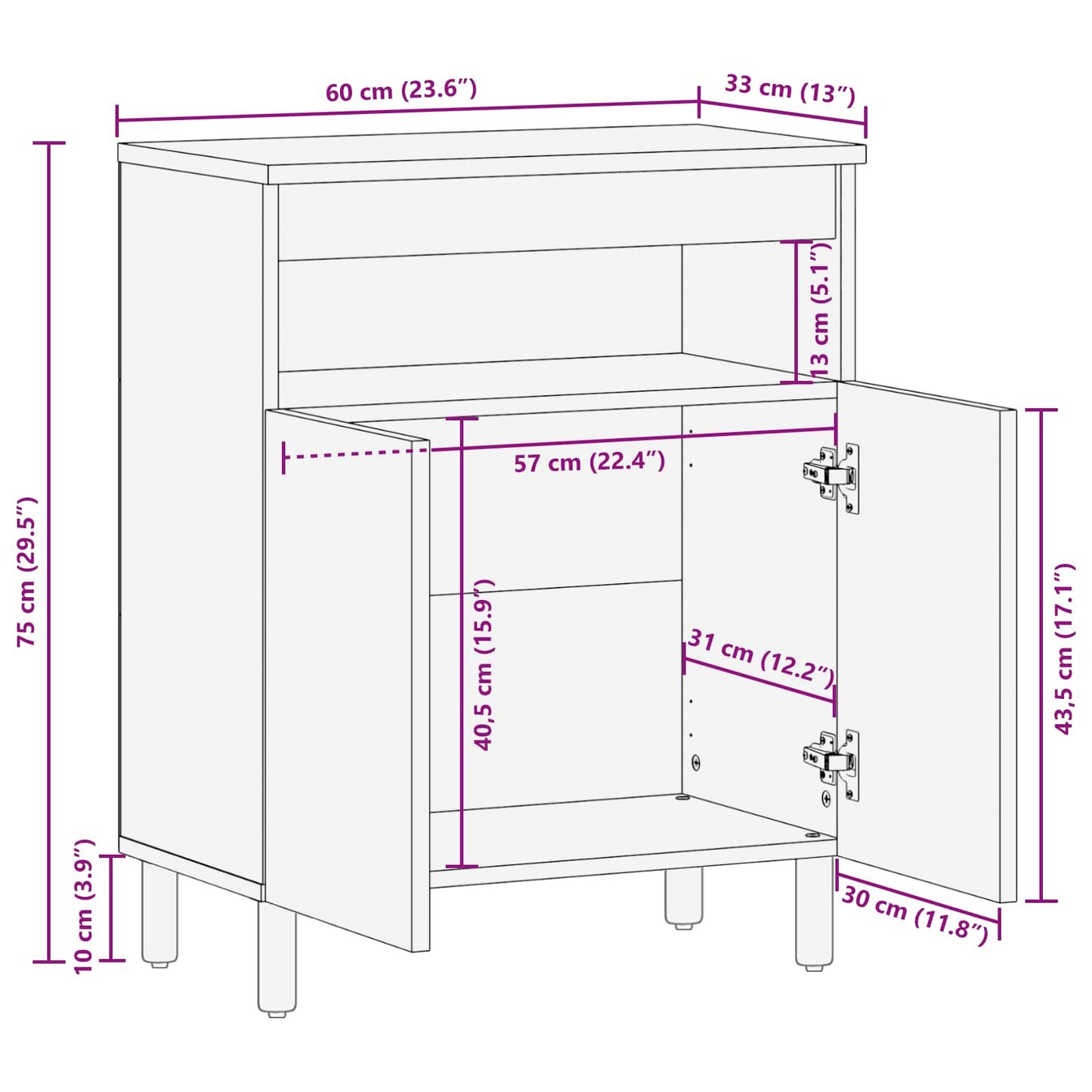 Sideboard White Wash Finish 60 x 33 x 75 cm Solid Mango Wood