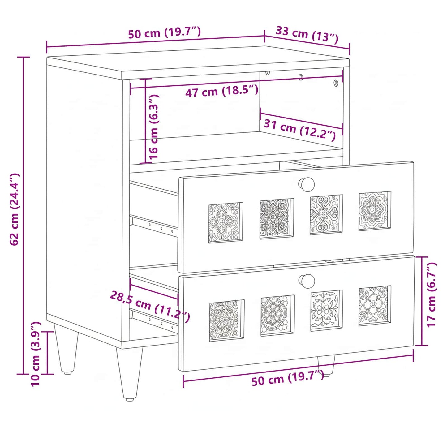 Bedside Cabinet Brown 50 x 33 x 62 cm Solid Mango Wood