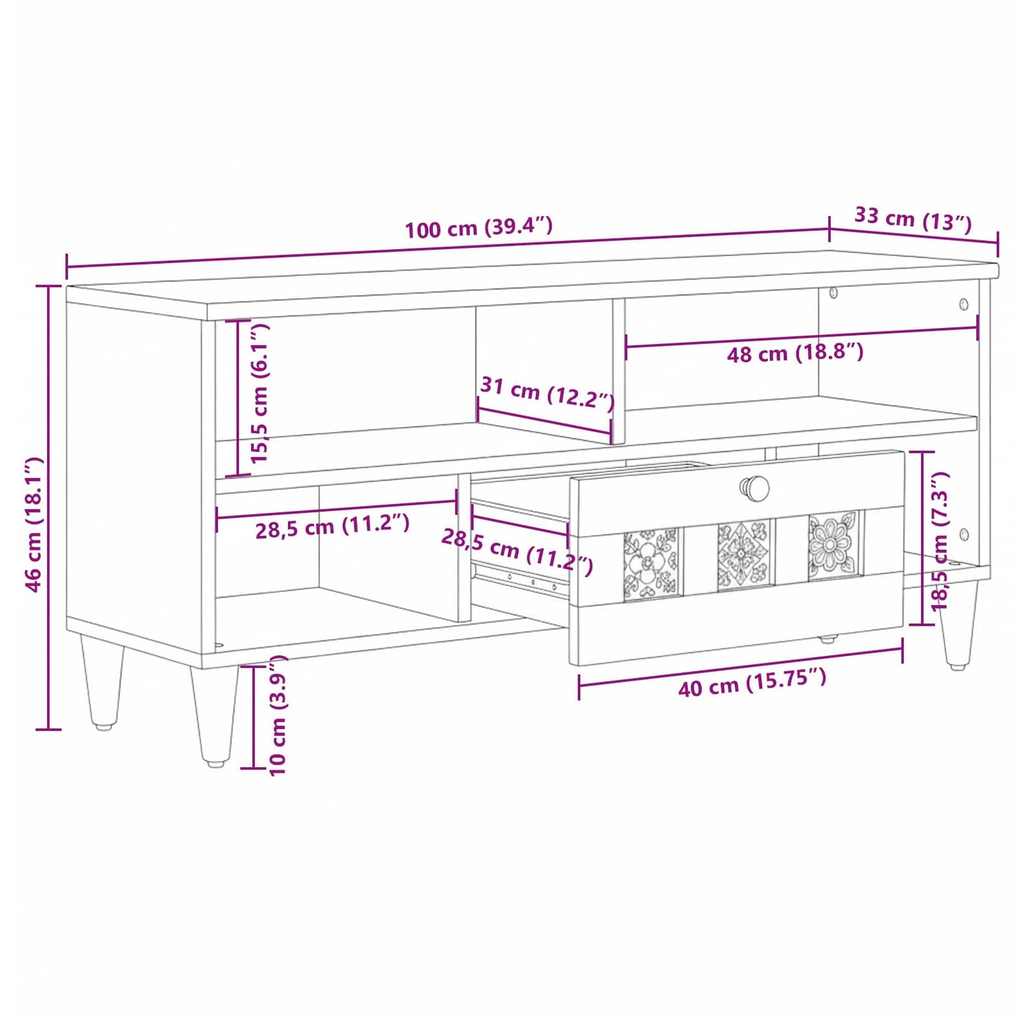 TV Cabinet with Drawer Walnut 100 x 33 x 46 cm Solid Mango Wood
