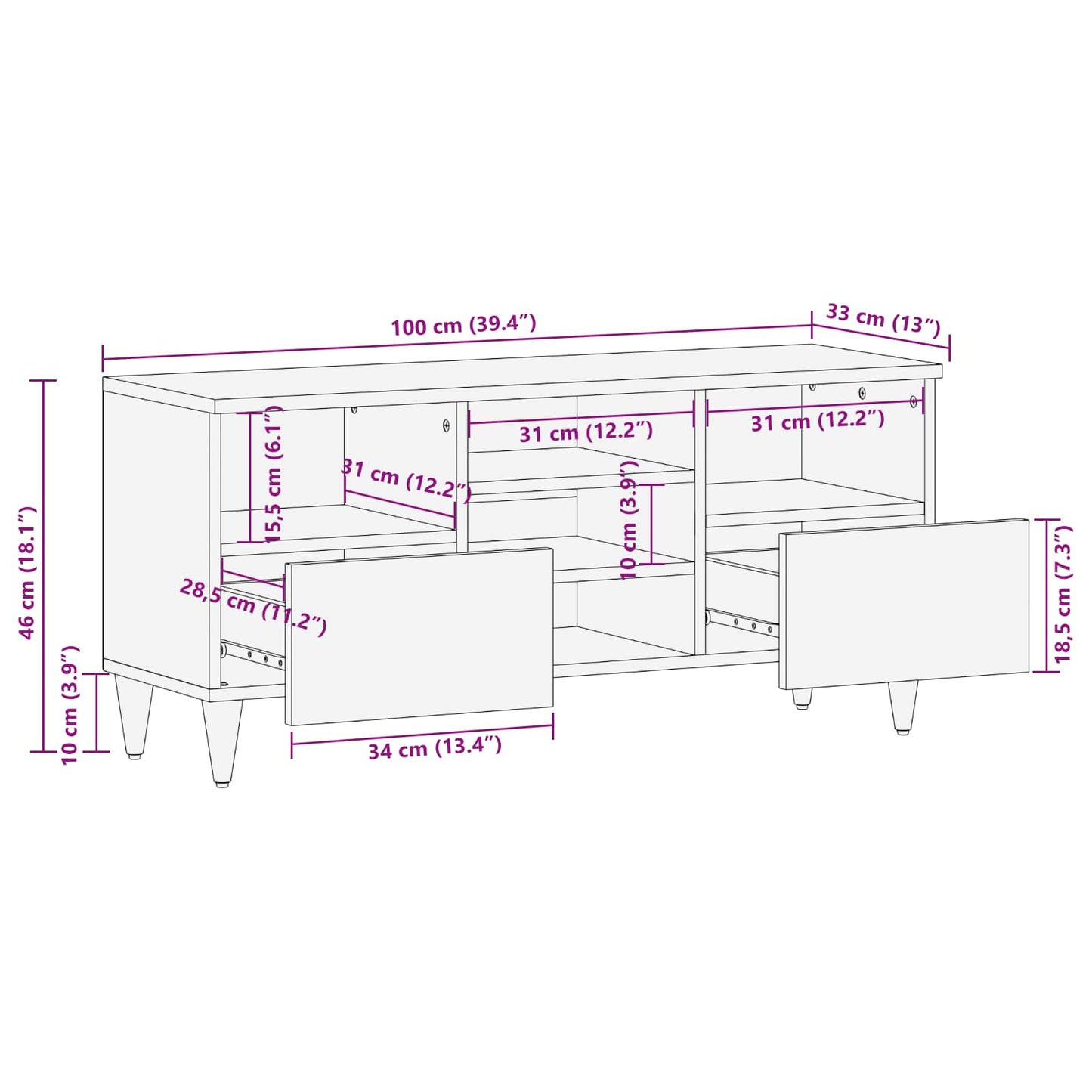 TV Cabinet with Drawer Walnut 100 x 33 x 46 cm Solid Mango Wood