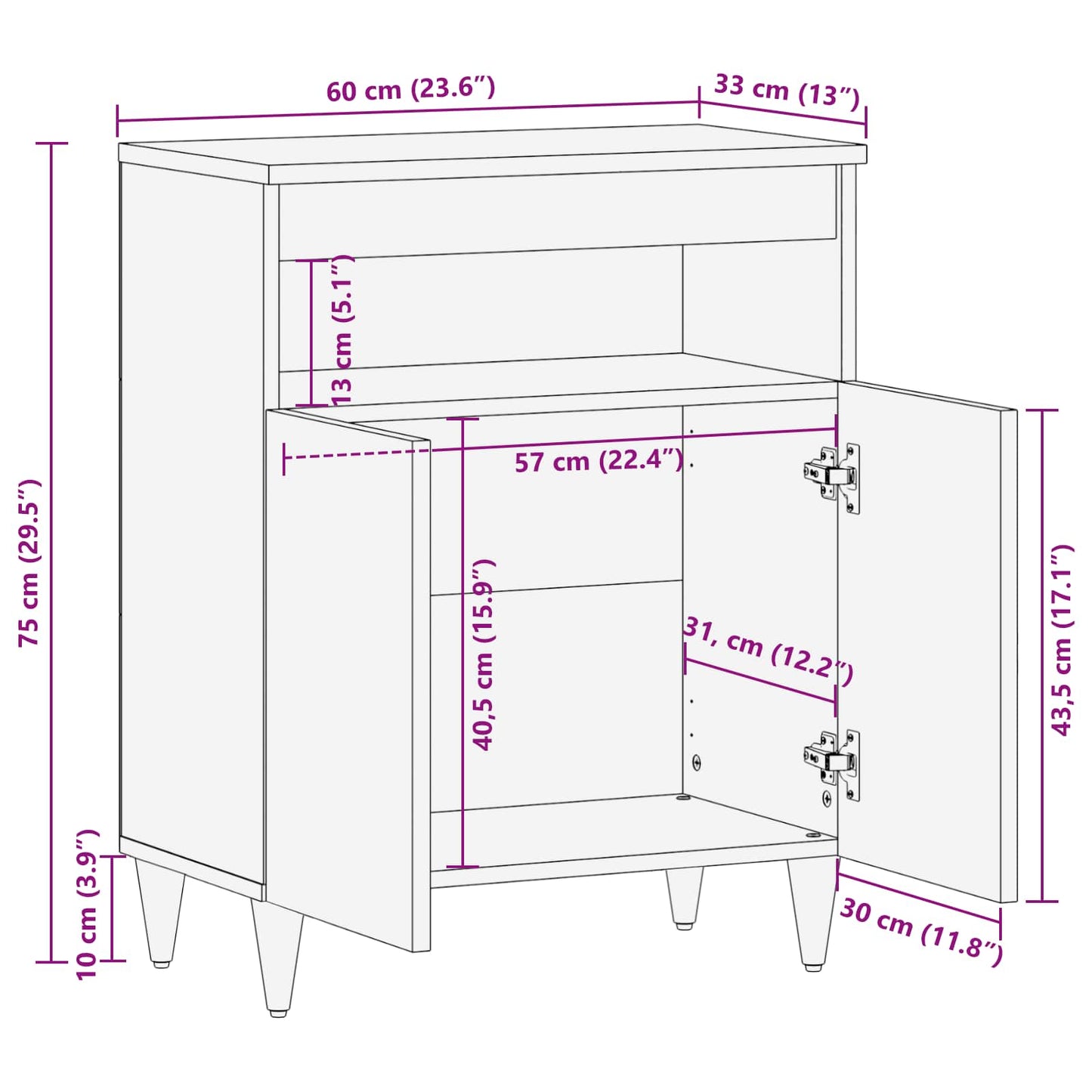 Sideboard with Storage Walnut 60 x 33 x 75 cm Solid Mango Wood