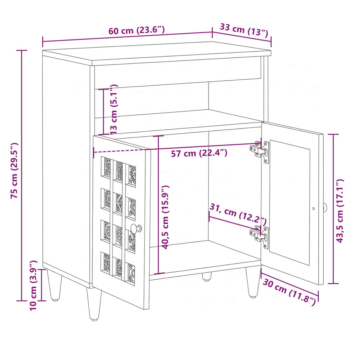 Sideboard with Storage Walnut 60 x 33 x 75 cm Solid Mango Wood