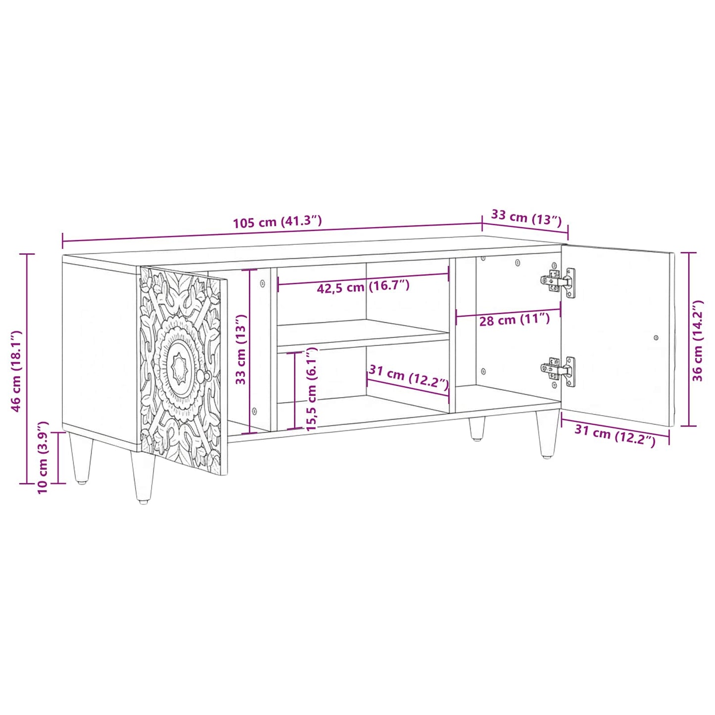 TV Cabinet Brown 105 x 33.5 x 46 cm Solid Mango Wood