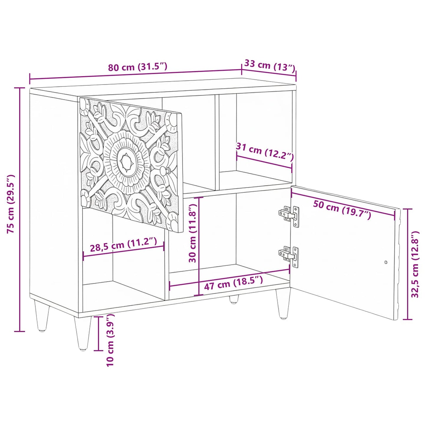 Sideboard with Storage Brown 80 x 33.5 x 75 cm Solid Mango Wood