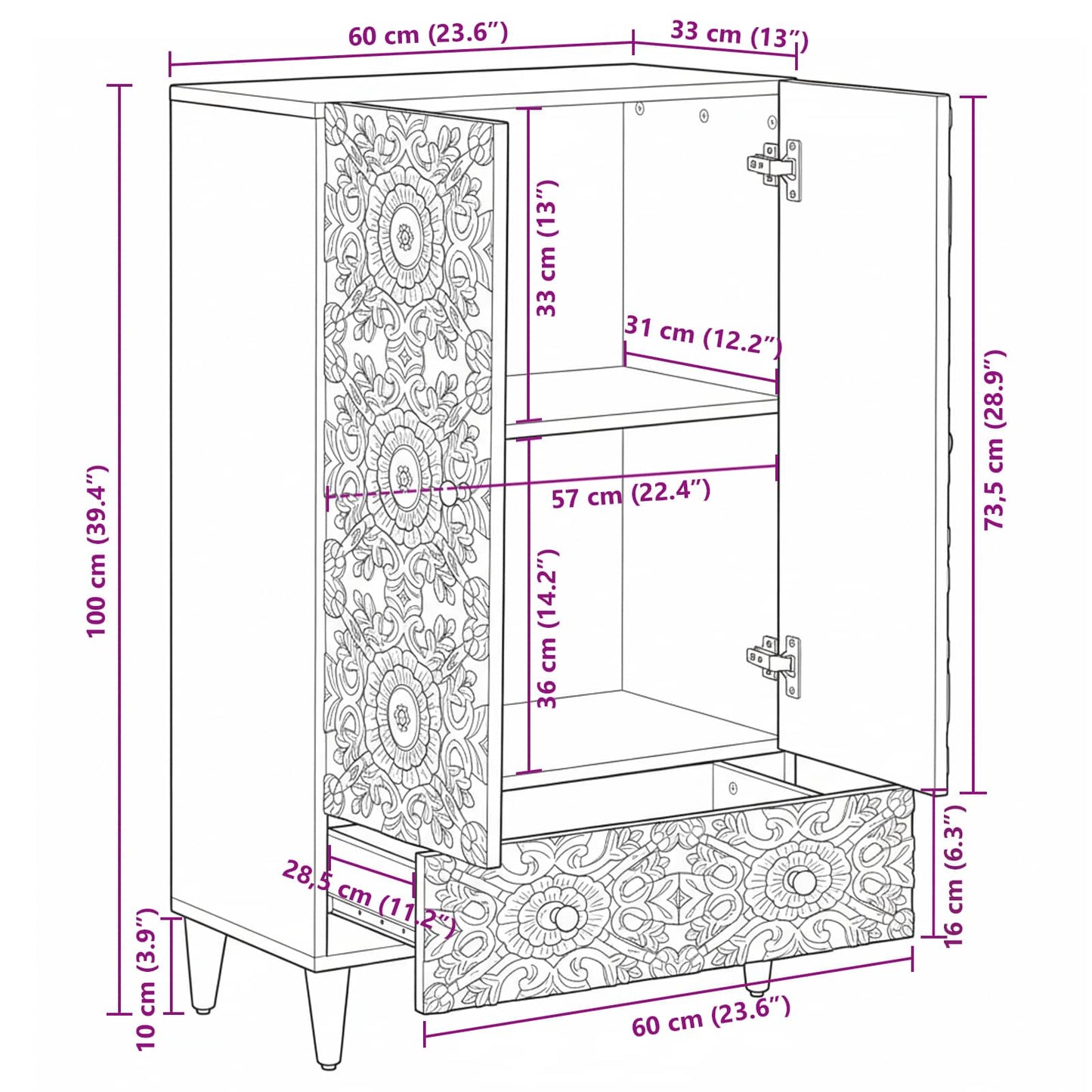 High Board with Shelf White 60 x 33.5 x 100 cm Solid Mango Wood