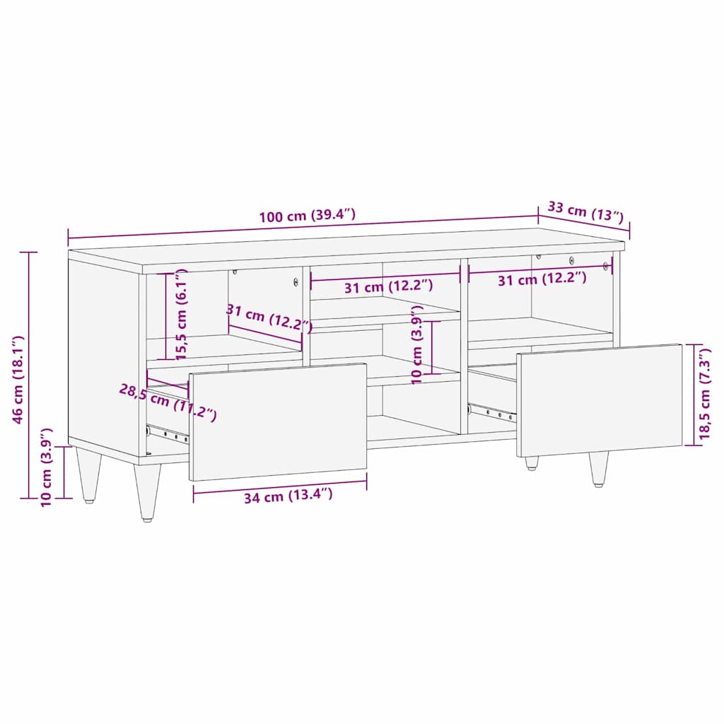 TV Cabinet Honey Brown 100 x 33 x 46 cm Solid Mango Wood