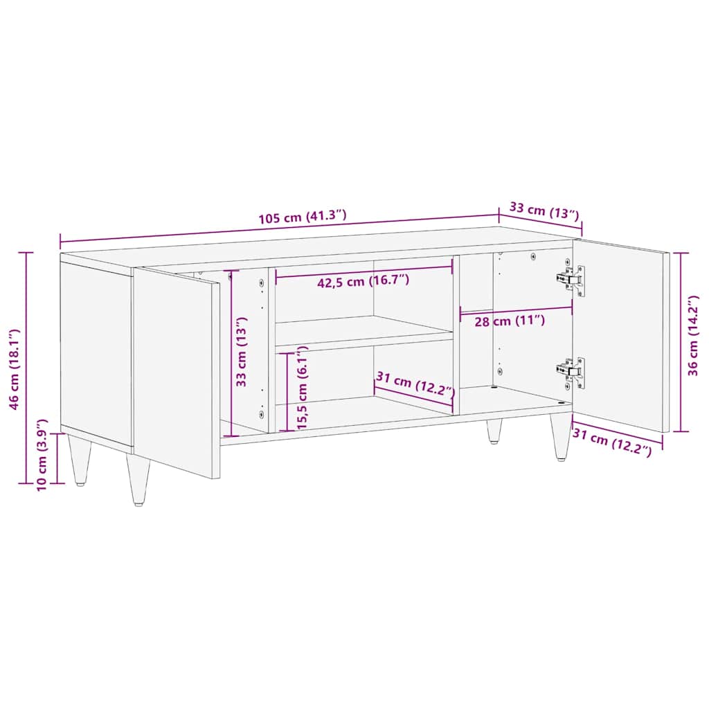 TV Cabinet with Shelf Black 105 x 33 x 46 cm Solid Mango Wood