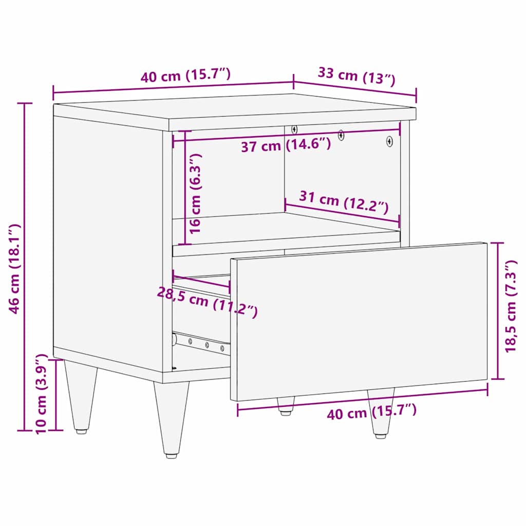 Bedside Cabinet Black 40 x 33 x 46 cm Solid Mango Wood