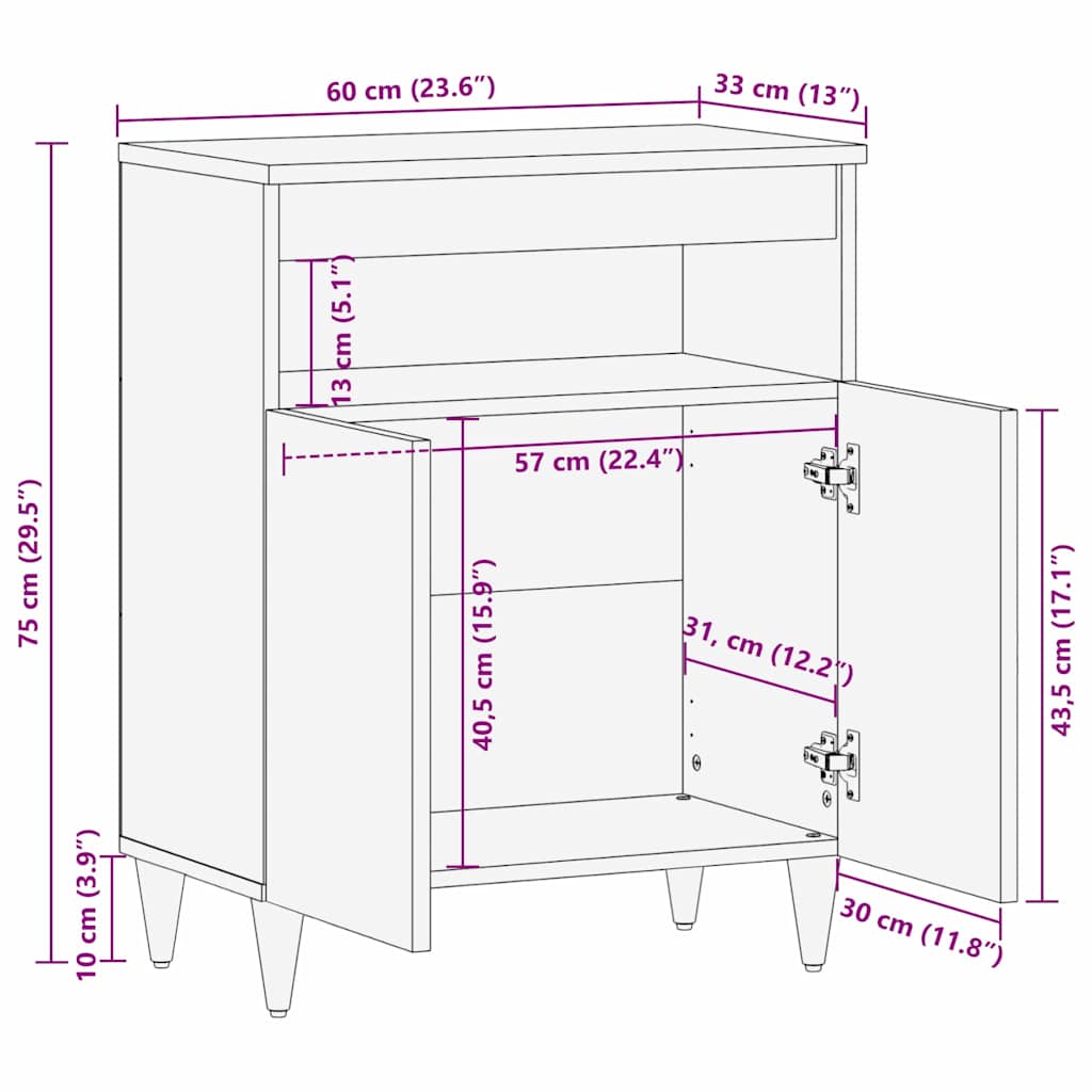 Sideboard with Shelf Black 60 x 33 x 75 cm Solid Mango Wood