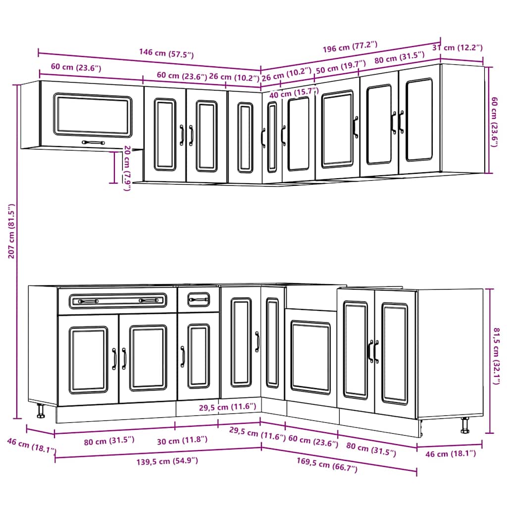 Complete layout of the 11 Piece Kitchen Cabinet Set Kalmar Old Wood Engineered Wood featuring multiple compartments for efficient kitchen organisation.