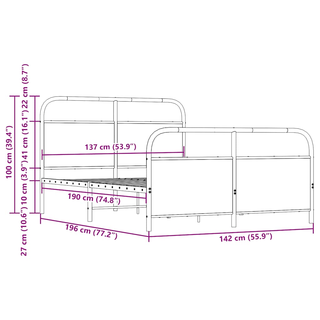 Metal Bed Frame without Mattress Smoked Oak 137x190 cm