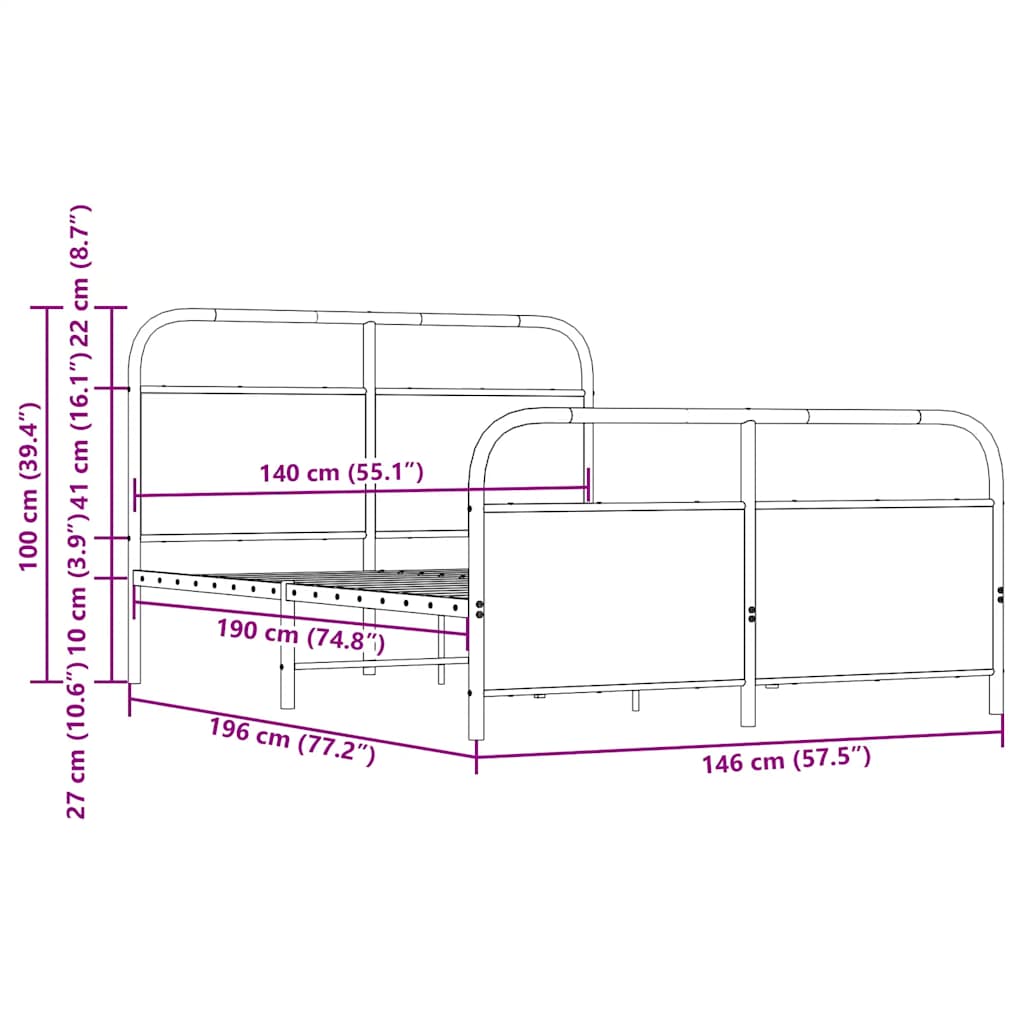 Metal Bed Frame without Mattress Brown Oak 140x190 cm