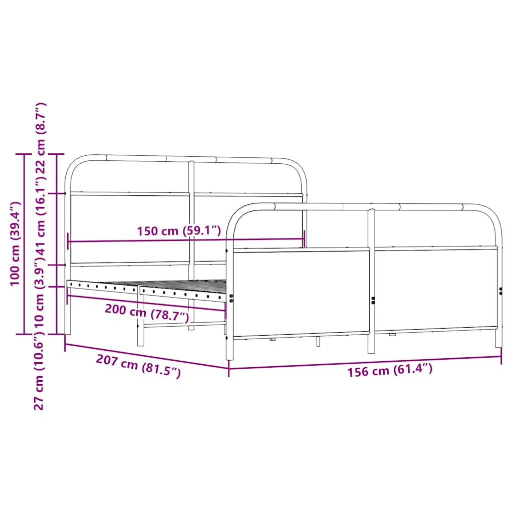 Metal Bed Frame without Mattress Brown Oak 150x200 cm