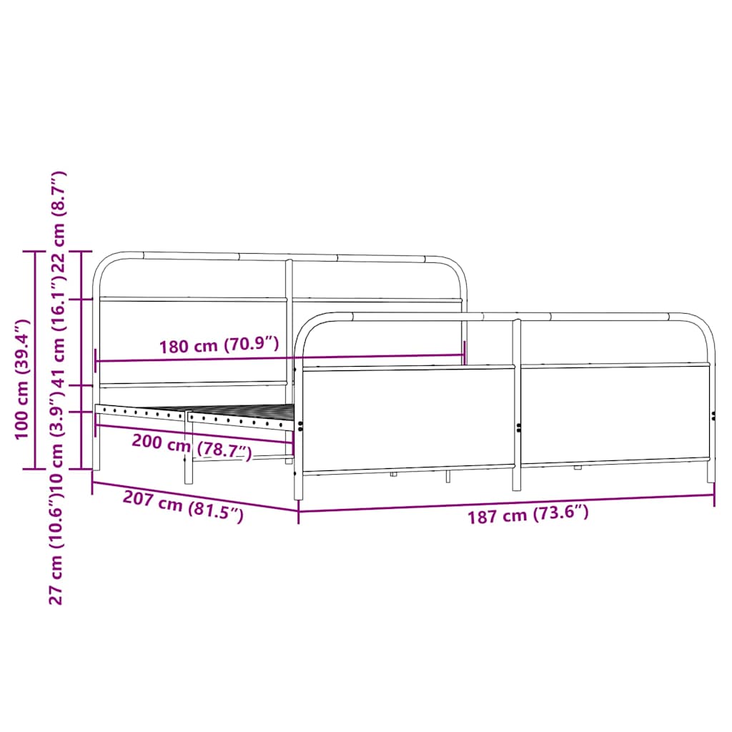 Metal Bed Frame without Mattress Brown Oak 180x200 cm
