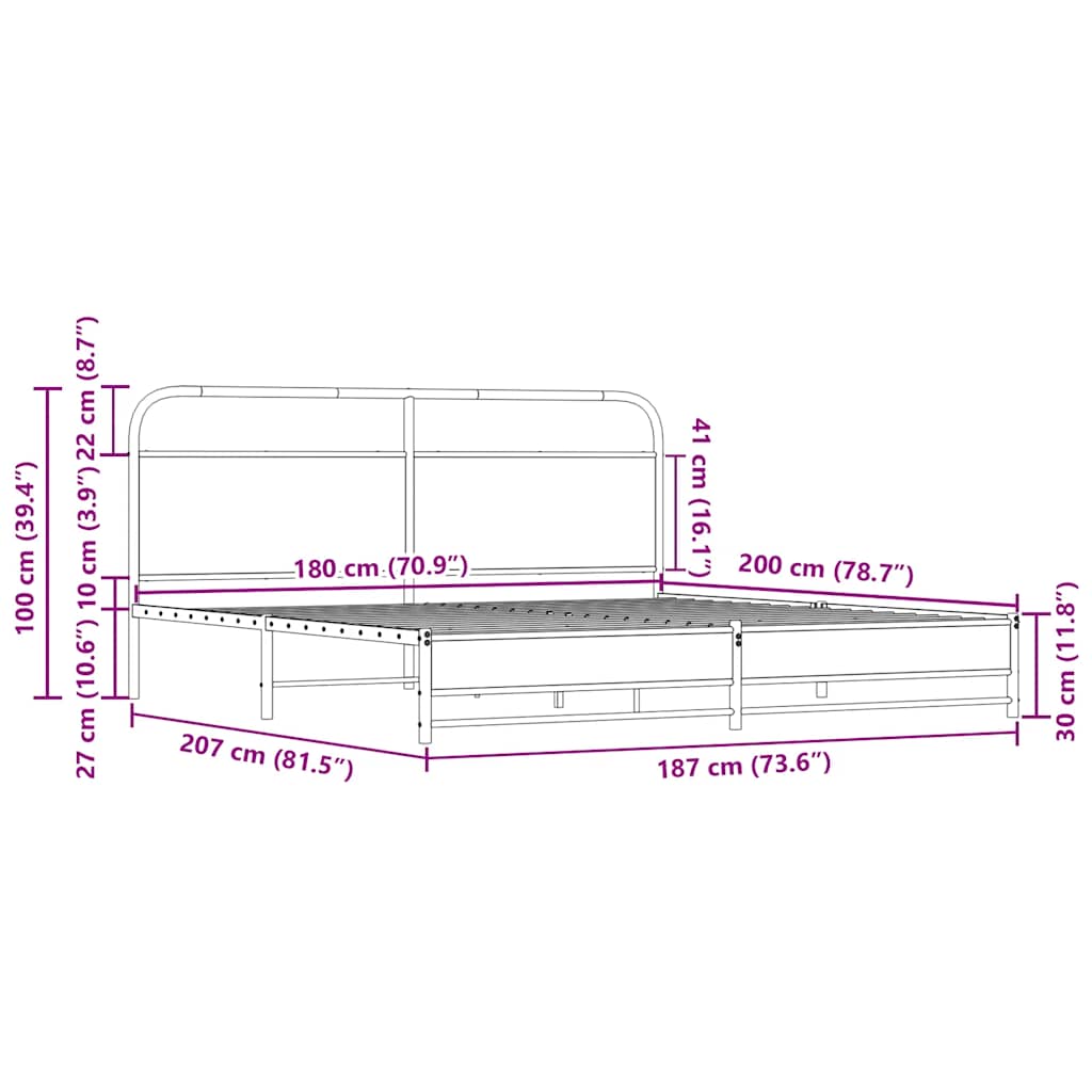 Metal Bed Frame without Mattress Sonoma Oak 180x200 cm