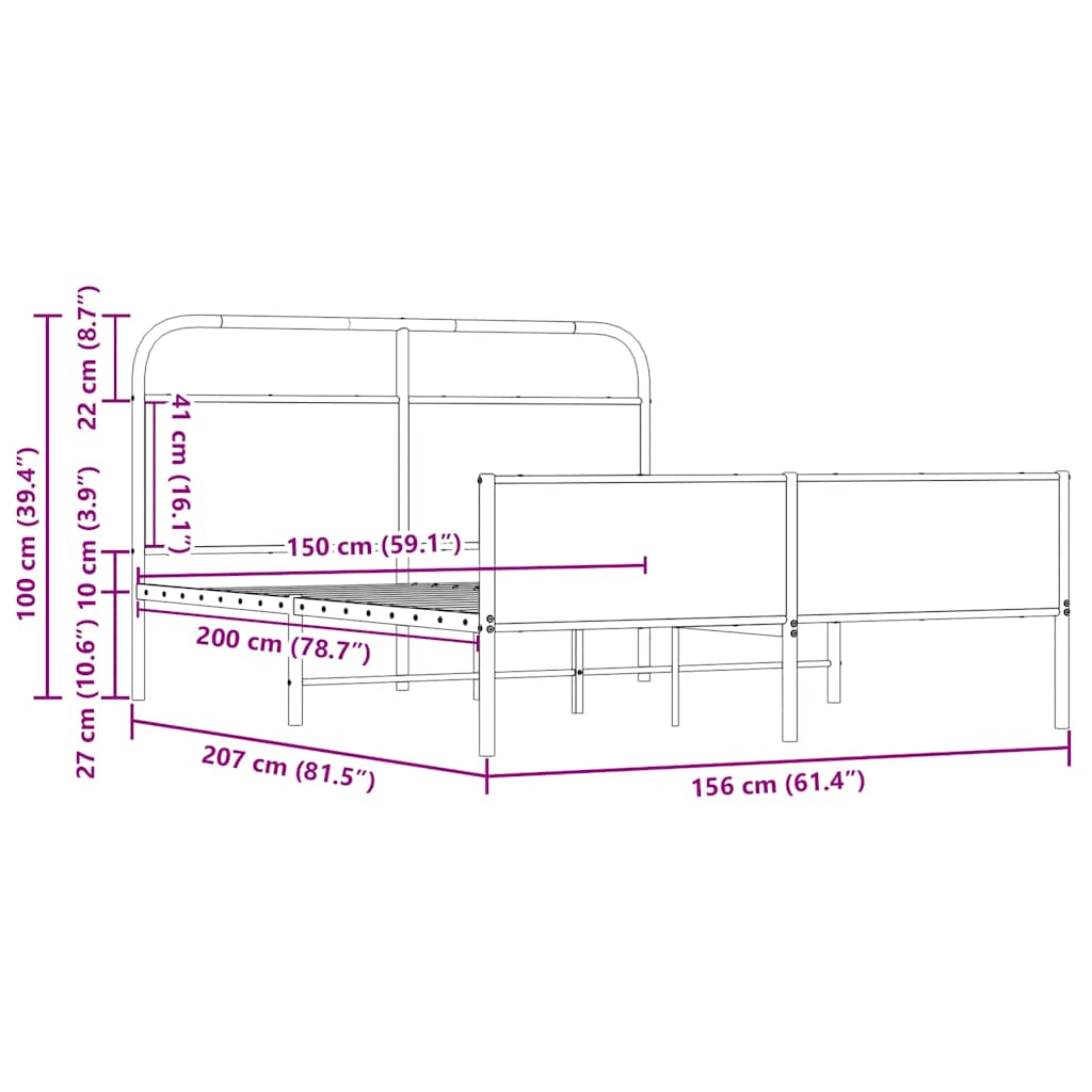 Metal Bed Frame without Mattress Sonoma Oak 150x200 cm