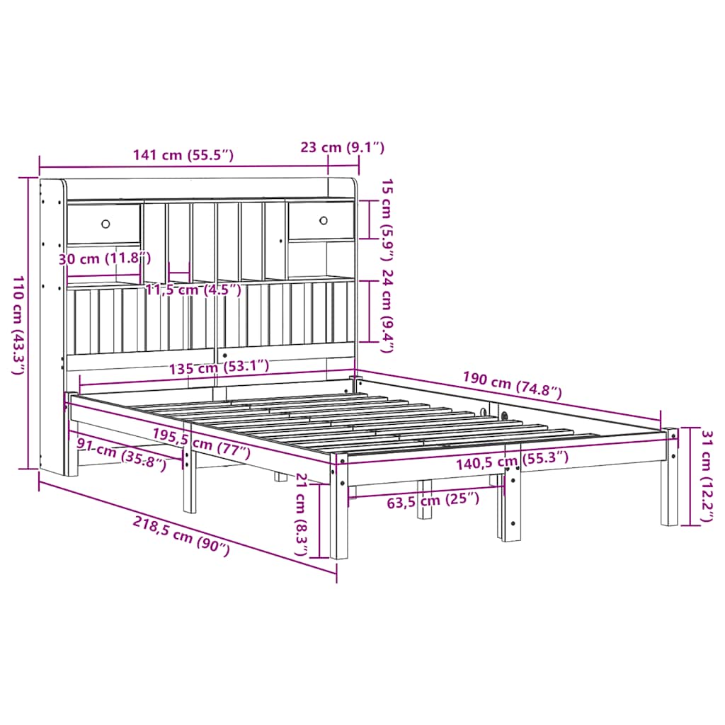 Bookcase Bed without Mattress White 135x190 cm Solid Wood Pine