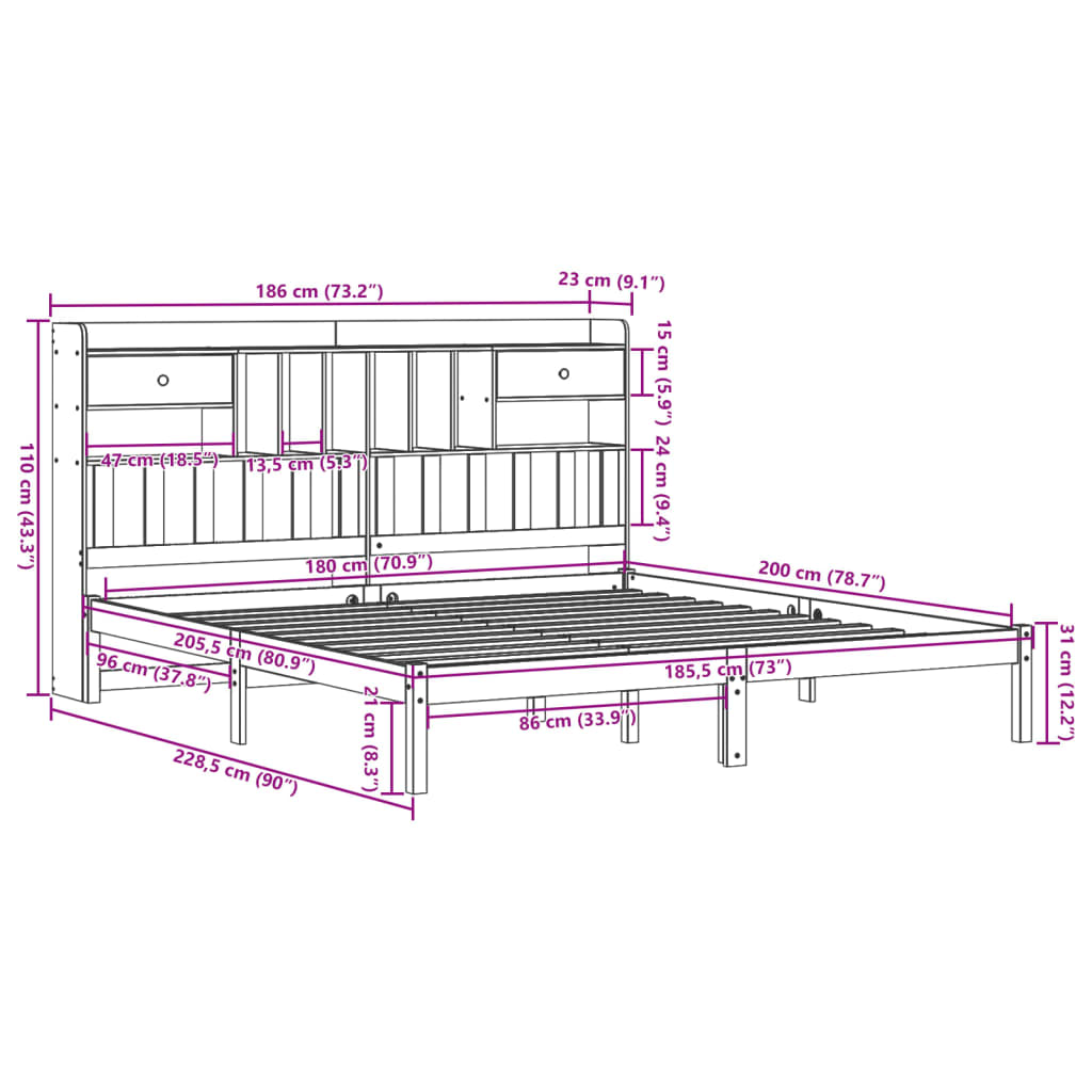 Bookcase Bed without Mattress 180x200 cm Solid Wood Pine