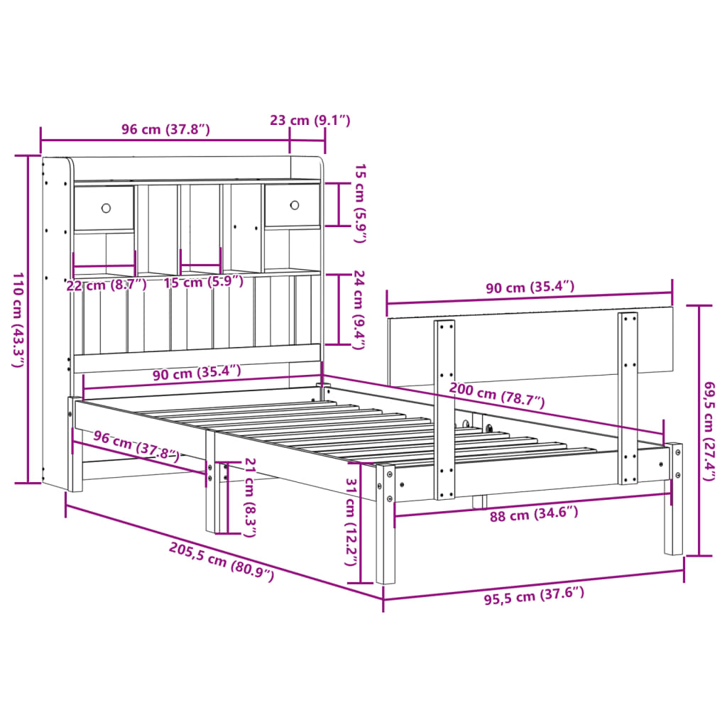 Bookcase Bed without Mattress 90x200 cm Solid Wood Pine