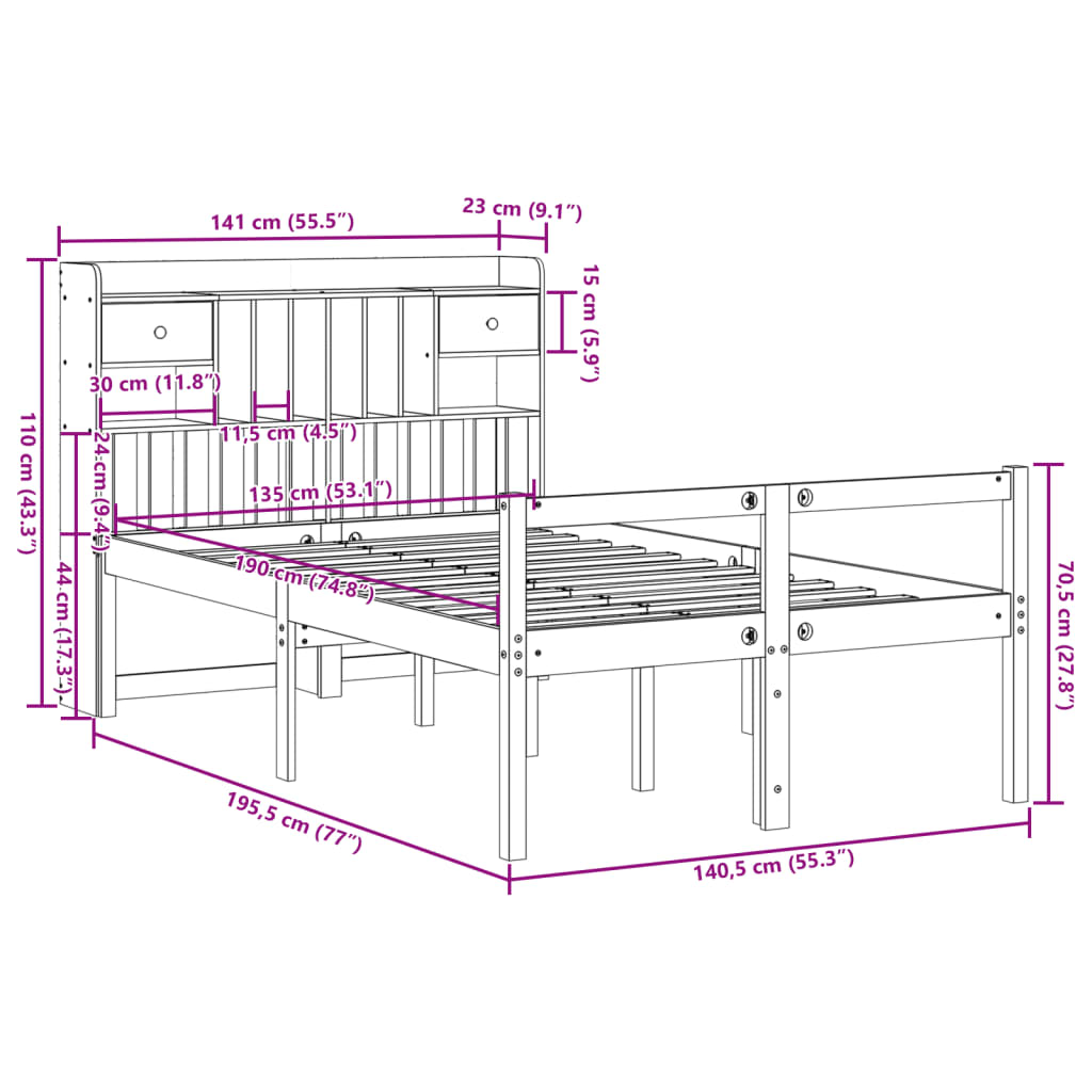 Bookcase Bed without Mattress White 135x190 cm Doouble Solid Wood Pine