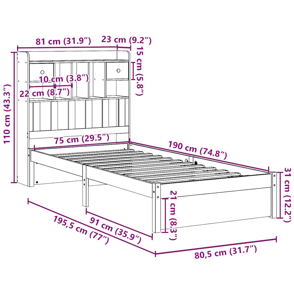 Bookcase Bed without Mattress 75x190cm Solid Wood Pine